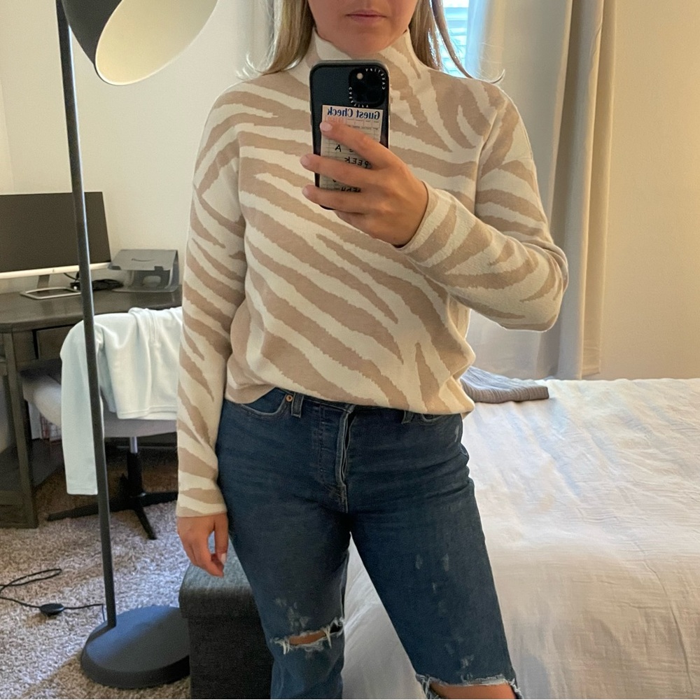 Mock neck tan zebra pattern sweater